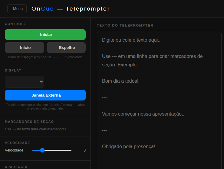Controle do Teleprompter do OnCue com botões Iniciar, Início e Espelho, ajustes de velocidade e aparência e o campo do texto