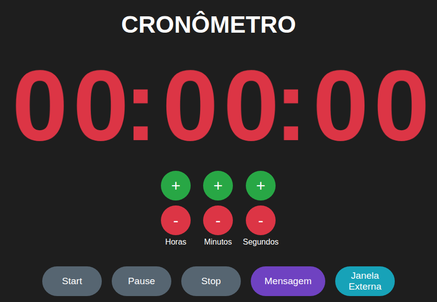 Tela de controle do Timer do OnCue: cronômetro grande, ajustes de horas, minutos e segundos e os botões Start, Pause, Stop, Mensagem e Janela Externa